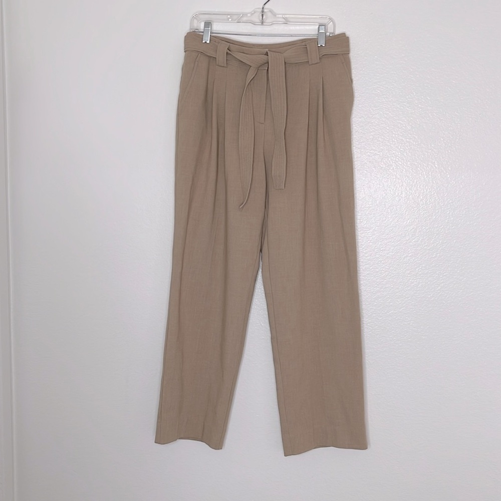 Anthropologie Maeve Tan High Rise Straight Leg Tailored Belted Trousers Size 8